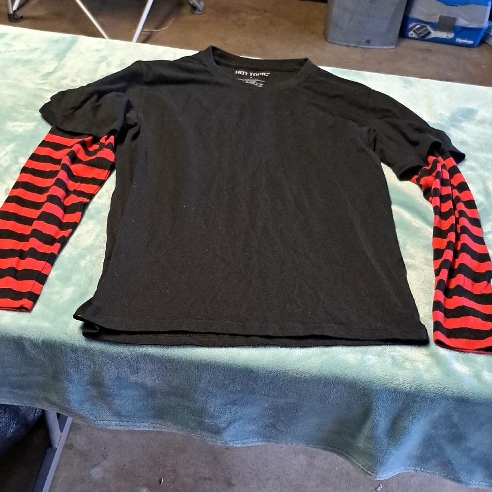 Hot Topic Black Shirt with Red Striped Sleeves